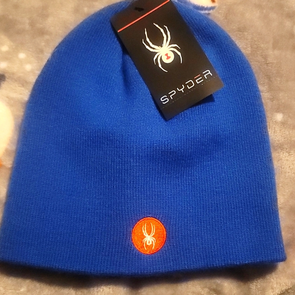 SPYDER MEN'S BEANIE WITH EMBROIDERED PATCH: BLUE: NWT